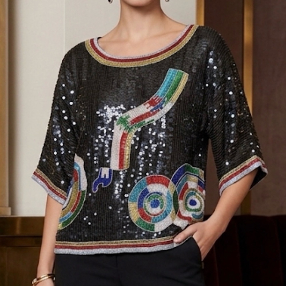 Metamorphosis‎ Vintage 80s Beaded Sequin Silk Top Black Multi Color Abstract L